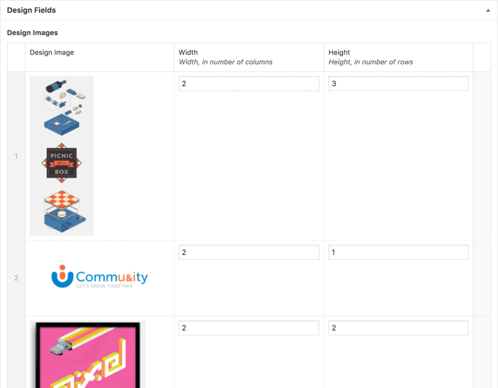 Custom fields that allow for a width and height property to use in the image grid